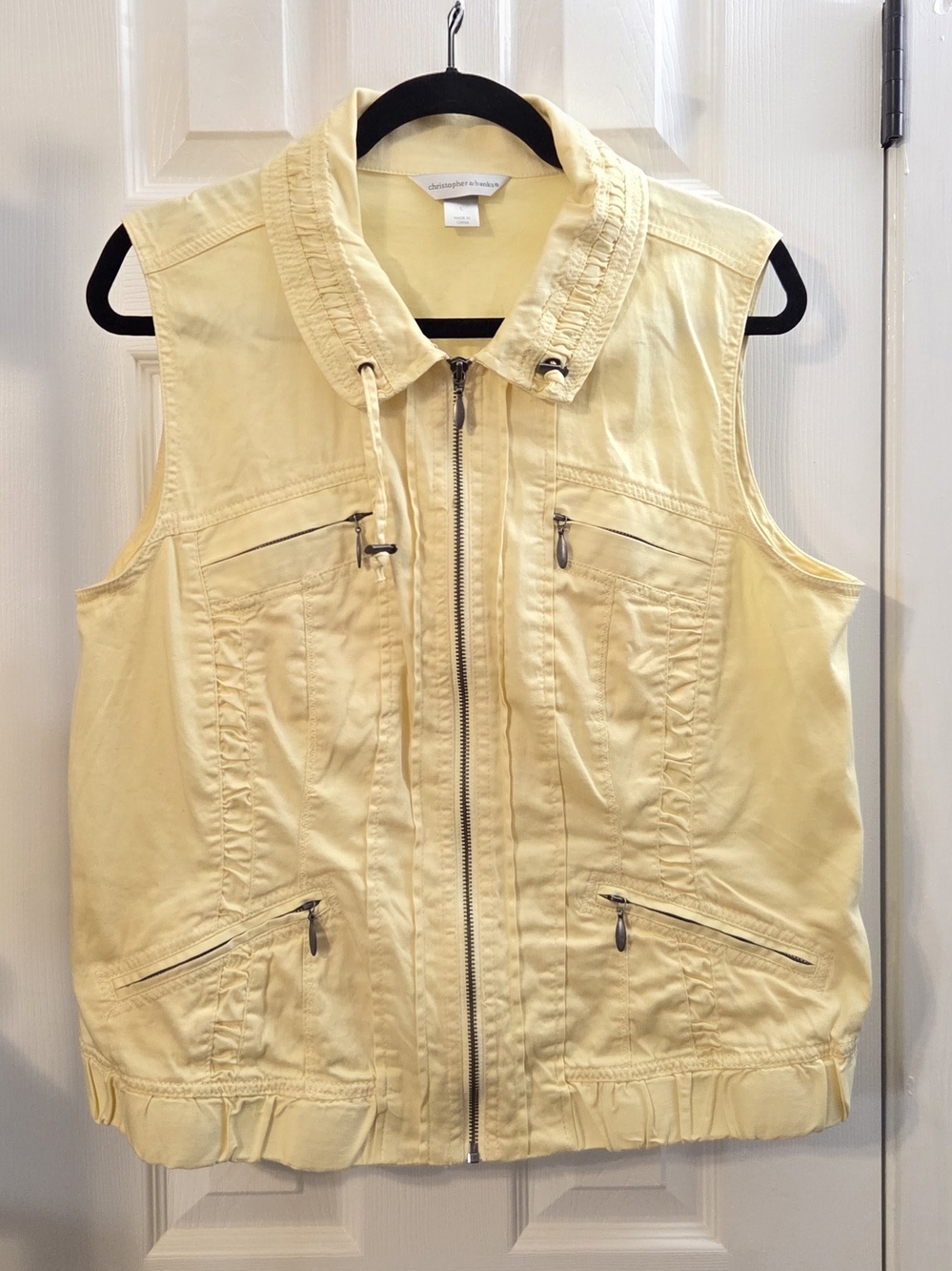 Christopher & Banks Pastel Yellow Zip Up Utility Vest Ruched Size Large
